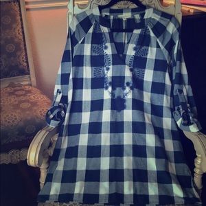 Navy and white check print mini dress.